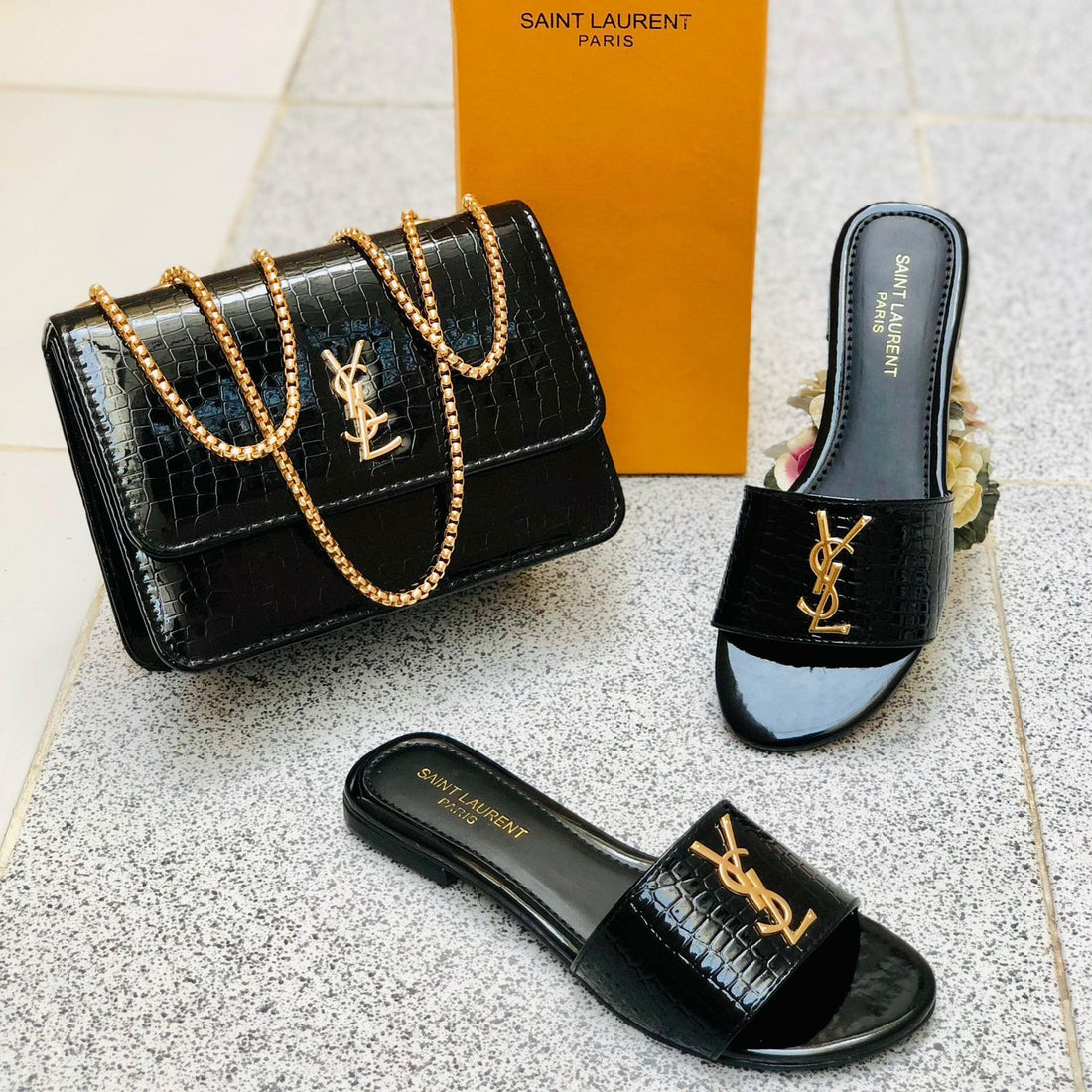 YSL Saint Laurent Slipper + Crossbody Bag Set